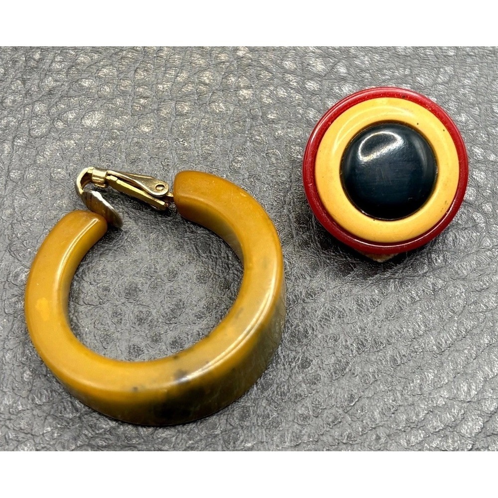 Vintage Art Deco Bakelite Black Red Yellow 2 Single Clip Earring Set Unmatched